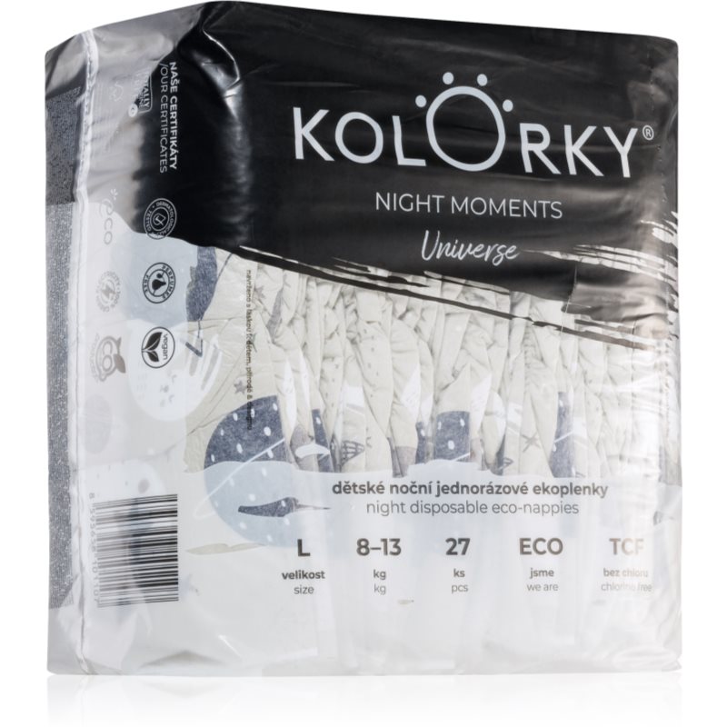 E-shop Kolorky Night Moments jednorázové EKO pleny pro kompletní ochranu v průběhu noci velikost L 8-13 kg 27 ks