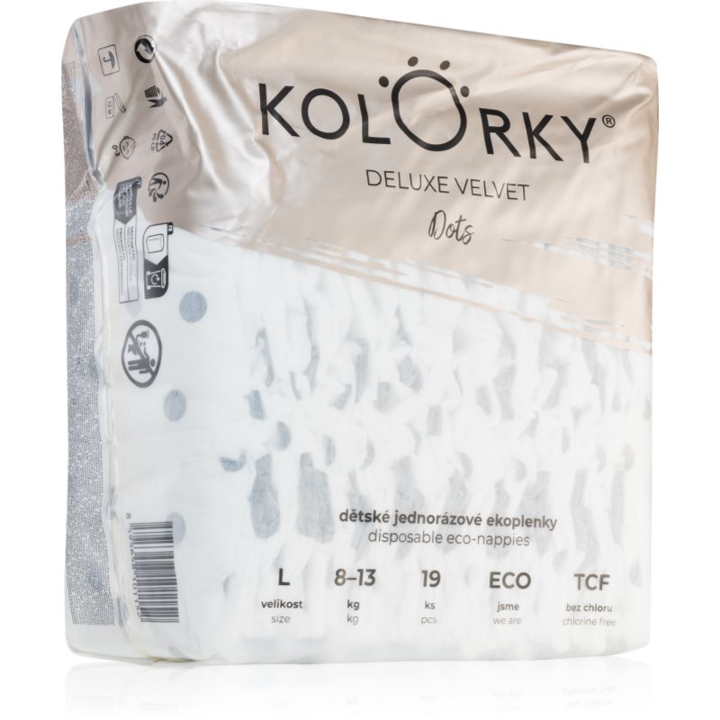 Kolorky Deluxe Velvet Dots eldobható ÖKO pelenkák L méret 8-13 kg 19 db