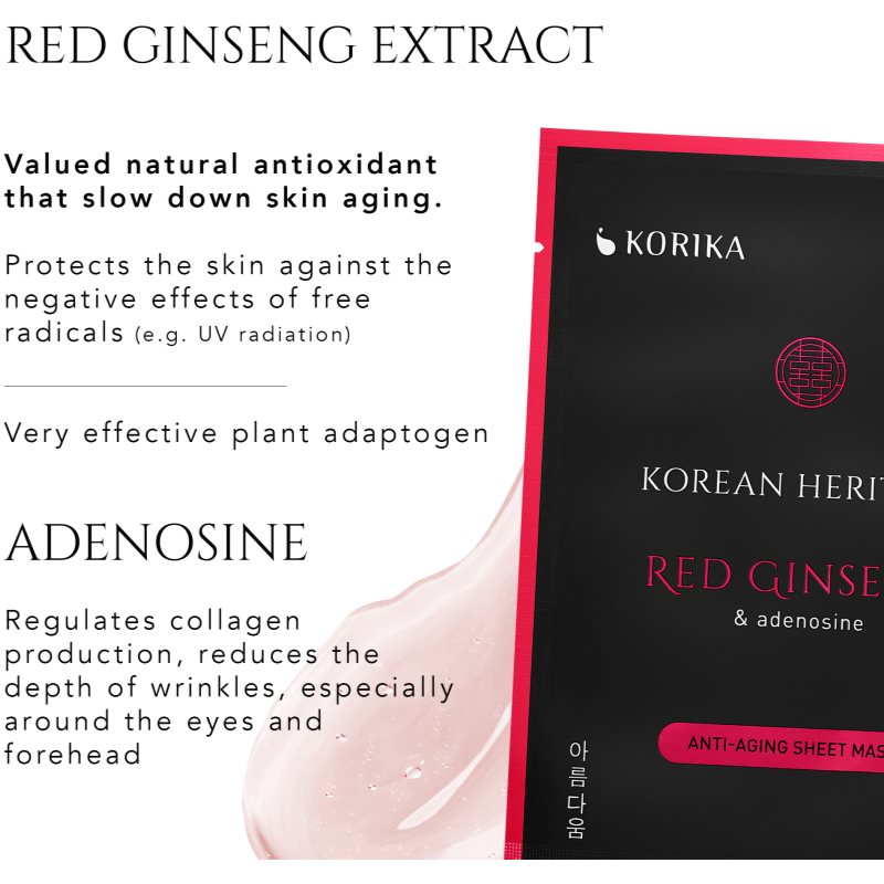 KORIKA Korean Heritage Red Ginseng & Adenosine Anti-aging Sheet Mask Masque Tissu Anti-rides 25 G
