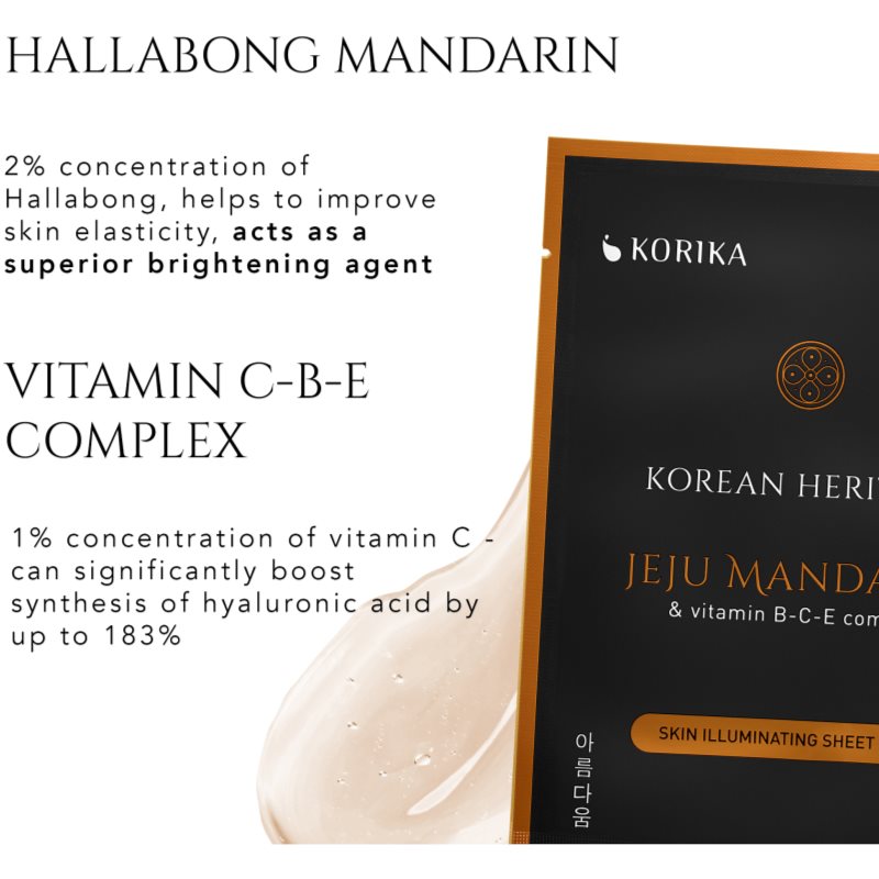 KORIKA Korean Heritage Jeju Mandaring & Vitamin B-C-E Complex Skin Illuminating Sheet Mask Masque Tissu éclat 25 G