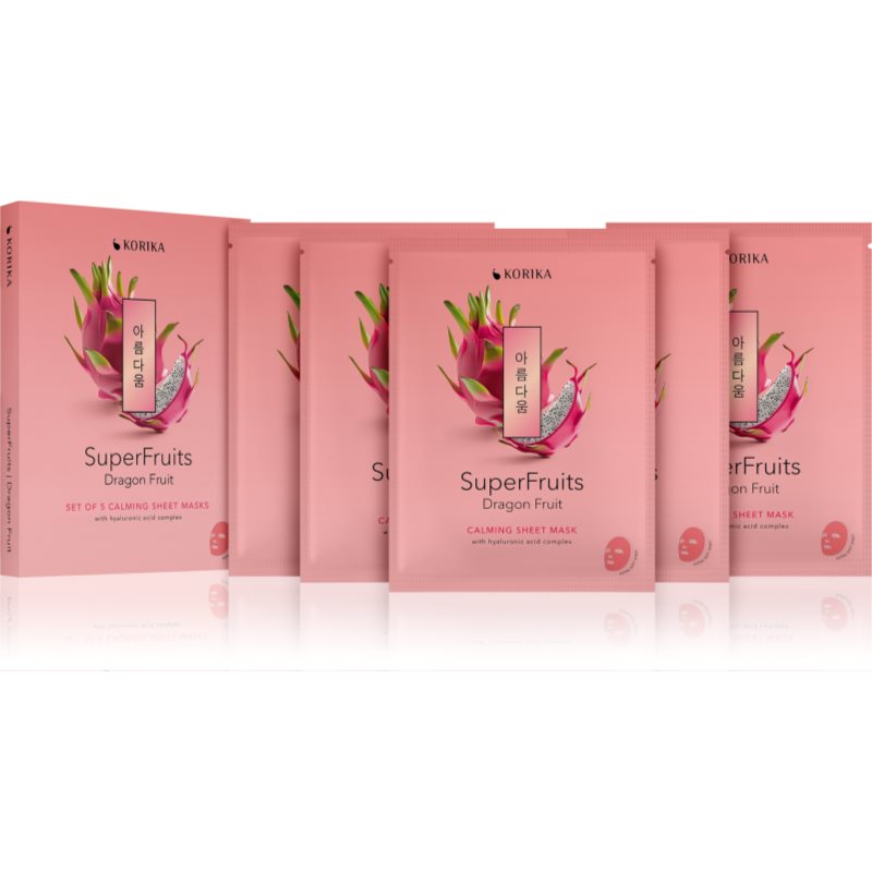 KORIKA SuperFruits Dragon Fruit - Set of 5 Calming Face Sheet Masks sejas masku komplekts par samazinātu cenu ar nomierinošu iedarbību 5x25 g