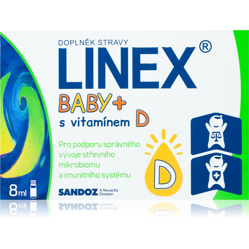 Linex Baby + s vitamínom D kvapky na podporu imunitného systému pre deti 8 ml