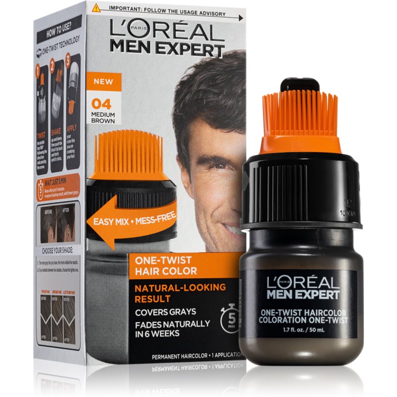 L’Oréal Paris Men Expert One Twist farba na vlasy s aplikátorom pre mužov 04 Medium Brown