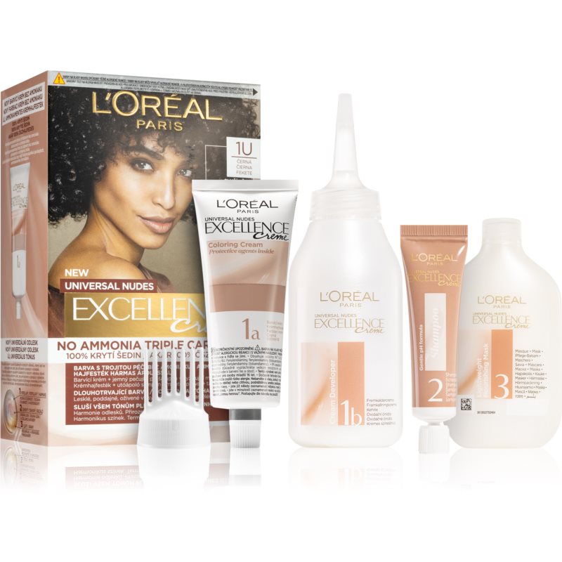 L'Oréal Paris Excellence Creme Triple Protection No Ammonia 48 ml farba na vlasy pre ženy 1U Black na všetky typy vlasov; na farbené vlasy