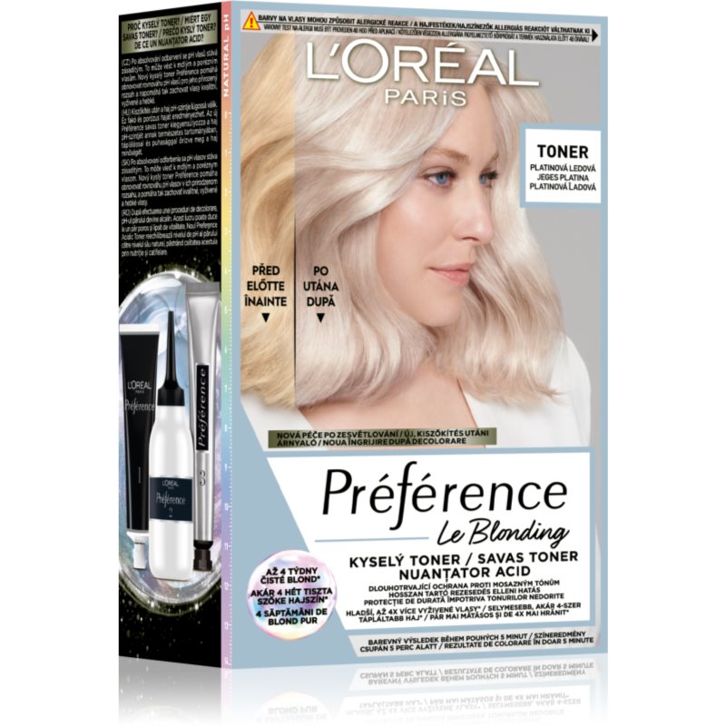 E-shop L’Oréal Paris Préférence Le Blonding Toner kyselý toner neutralizující mosazné podtóny odstín 01 Platinum Ice 1 ks