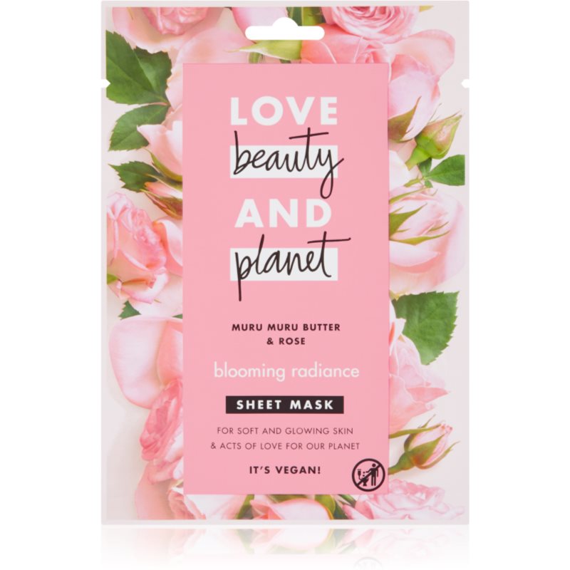 Love Beauty & Planet Blooming Radiance Muru Muru Butter & Rose tekstilinė veido kaukė skaistinamojo poveikio 21 ml
