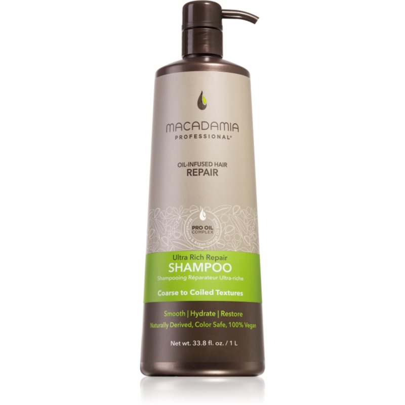 Macadamia Natural Oil Ultra Rich Repair gilaus poveikio regeneruojamasis šampūnas smarkiai pažeistiems plaukams 1000 ml