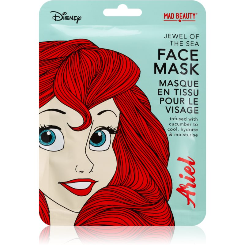 Mad Beauty Disney Princess Ariel drėkinamoji tekstilinė veido kaukė su agurkų ekstraktais 25 ml