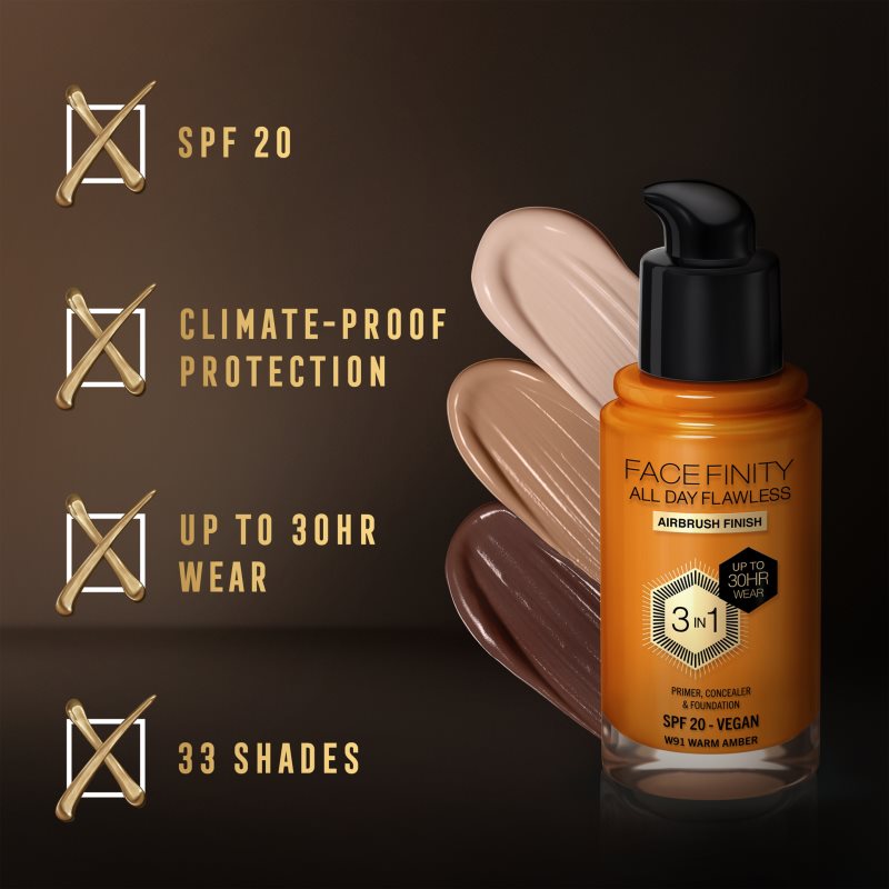 Max Factor Facefinity All Day Flawless Long-lasting Foundation SPF 20 Shade 91 Warm Amber 30 Ml