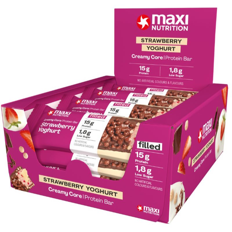 MaxiNutrition Creamy Core Protein Bar barretta proteica a basso contenuto di zuccheri aroma Strawberry Yoghurt 12x45 g