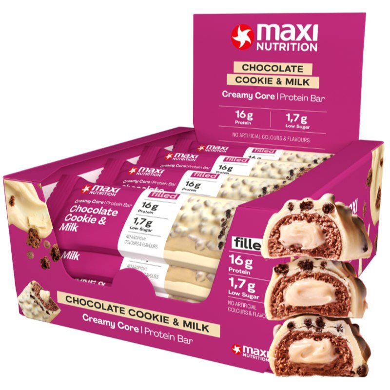 MaxiNutrition Creamy Core Protein Bar barretta proteica a basso contenuto di zuccheri aroma Chocolate Cookie & Milk 12x45 g