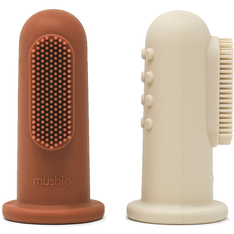 Mushie Finger Toothbrush vaikiškas ant piršto maunamas silikoninis dantų šepetėlis Clay/Shifting Sand 2 vnt.