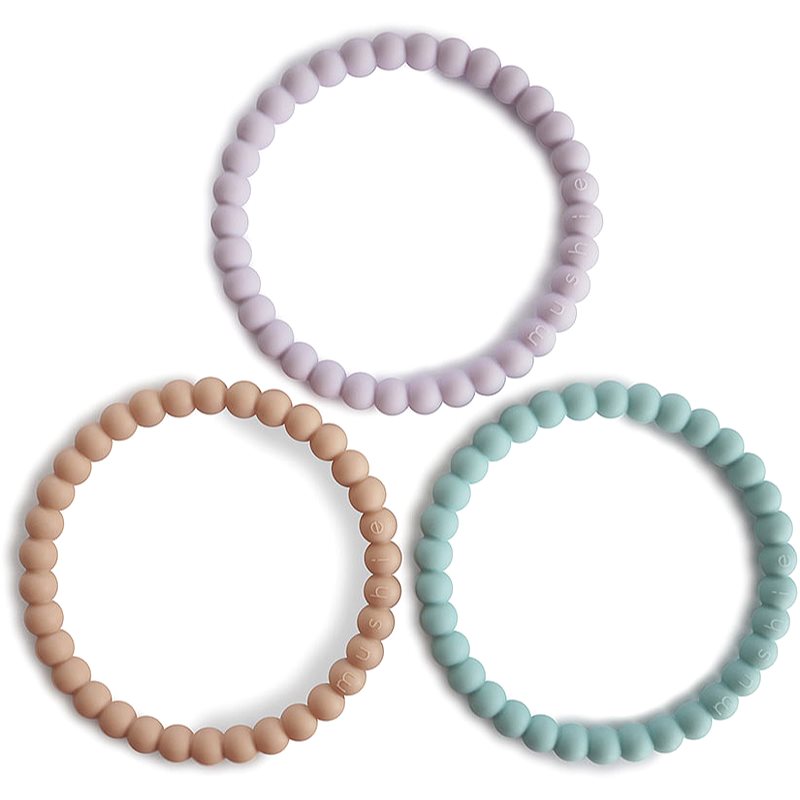 Mushie Pearl Teething Bracelet kramtomas žaislas Lilac/Cyan/Soft Peach 3 vnt.