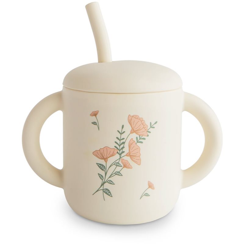 Mushie Silicone Training Cup Pink Flowers Tasse mit Strohhalm 170 ml