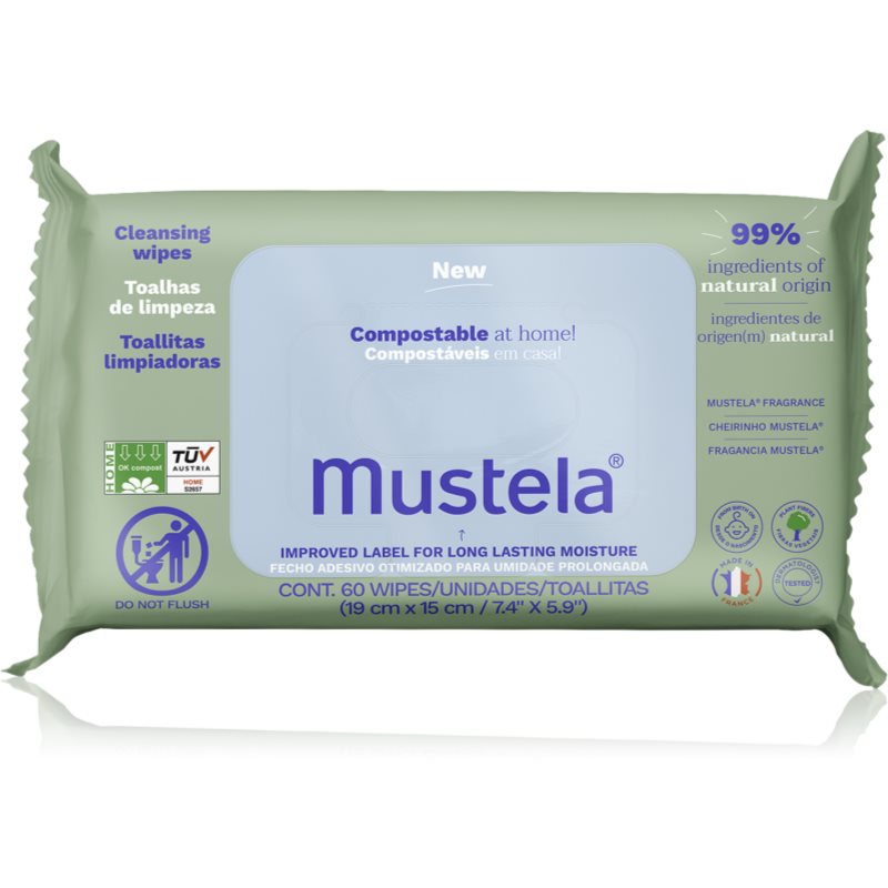 Mustela Compostable at Home Cleansing Wipes Feuchttücher mit Parfümierung für Kinder ab der Geburt 60 St.