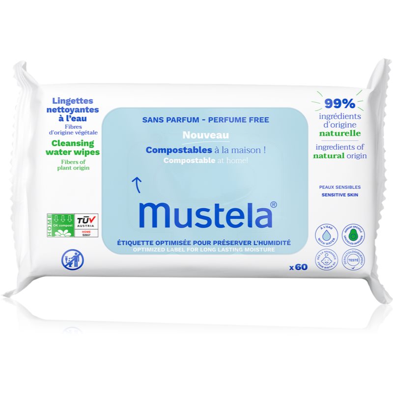 Mustela Compostable at Home Cleansing Wipes Perfume Free čistilni robčki brez dišav za otroke od rojstva 60 kos