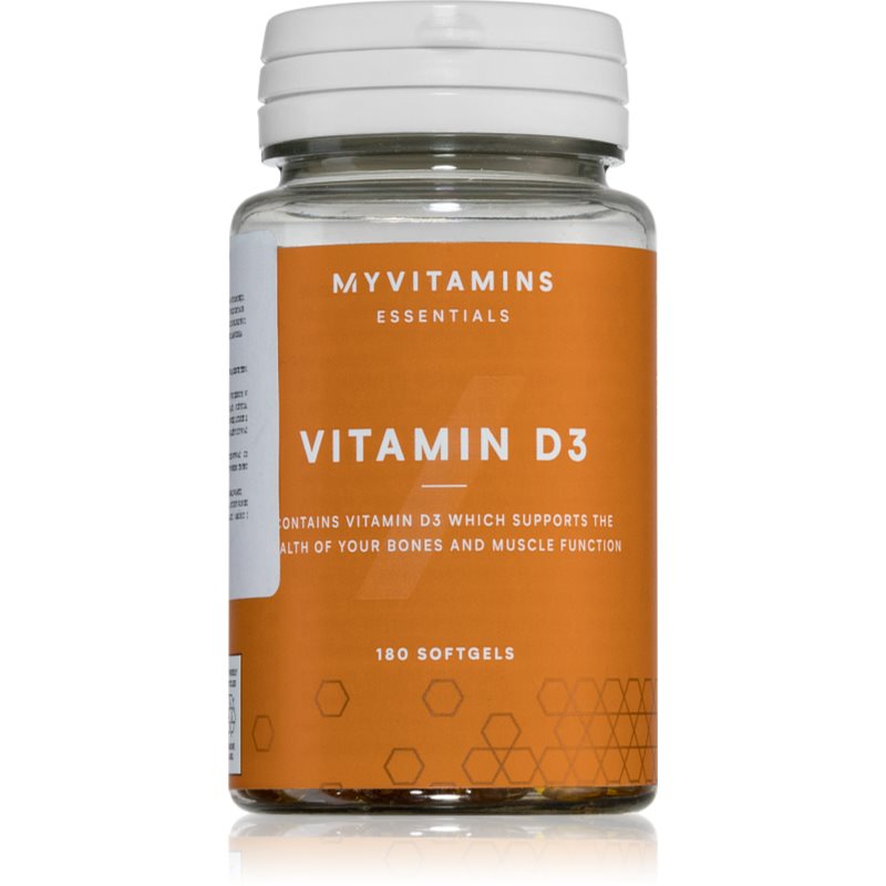 MyVitamins Essentials Vitamin D3 kapsuly pre normálnu funkciu imunitného systému, stav kostí, zubov a činnosť svalov 180 cps