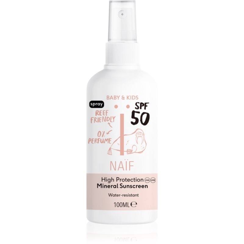 

Naif Baby & Kids Mineral Sunscreen SPF 50 спрей для засмаги без ароматизатору для дітей від народження 0 % perfume