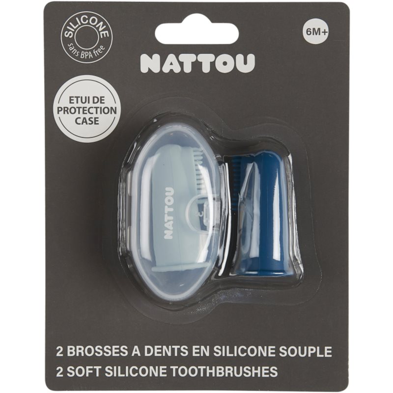 NATTOU Baby Toothbrush Kinderzahnbürste zum Aufstecken auf den Finger + Etui Petrol Blue / Aqua Blue 2 St.