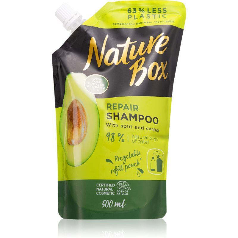 Nature Box Avocado gilaus poveikio regeneruojamasis šampūnas lūžinėjantiems plaukų galiukams užpildas 500 ml