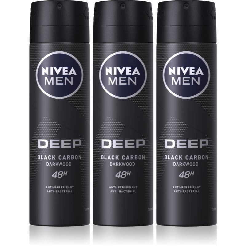 Nivea Men Deep Black Carbon Darkwood антиперспирант-спрей 3 x 150 ml (изгодна опаковка) за мъже