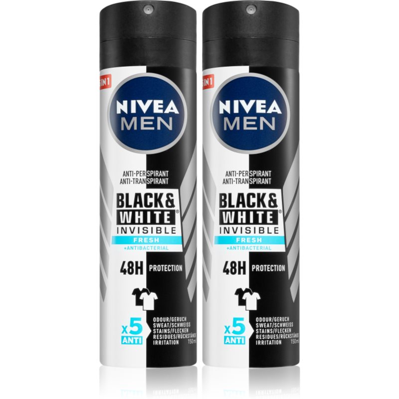 Nivea Men Black & White Fresh Antiperspirant Spray 2 x 150 ml (Economy Pack) for Men
