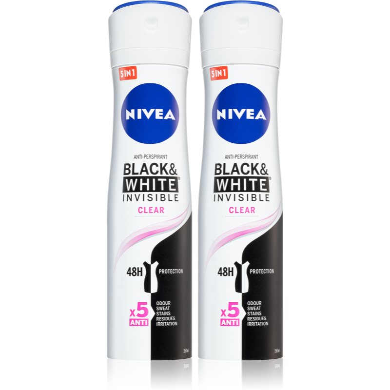 Nivea Black & White Invisible Clear purškiamasis antiperspirantas 2 x 150 ml (ekonomiška pakuotė) moterims