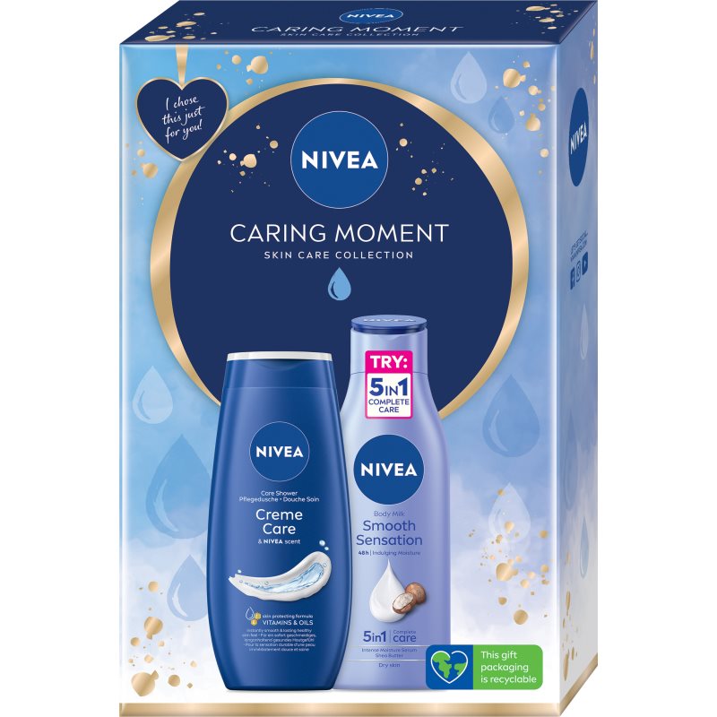 Nivea Caring Moment darčeková kazeta srpchovací gél Creme Care 250 ml + telové mlieko Smooth Sensation 250 ml pre ženy