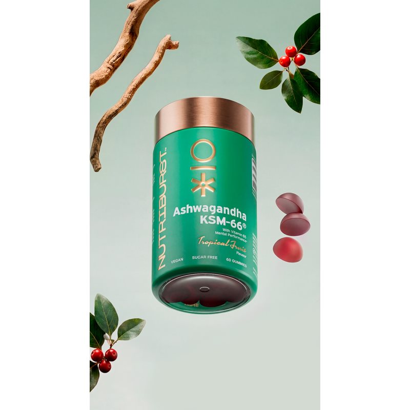 Nutriburst Advanced Ashwagandha KSM-66® Gummies želé bonbóny pro udržení energie a kognitivní výkonnosti příchuť Tropical Fruit 60 ks (obrázek 4)
