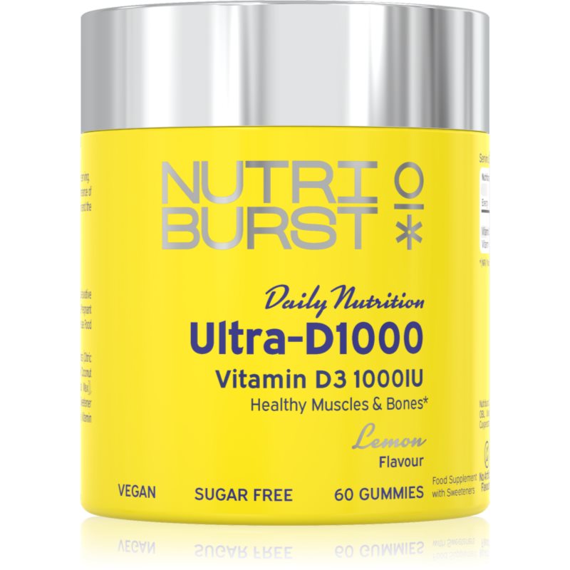 Nutriburst Daily Nutrition Ultra‑D1000 žuvacie mäkké tobolky pre normálnu funkciu imunitného systému, stav kostí, zubov a činnosť svalov príchuť Lemon