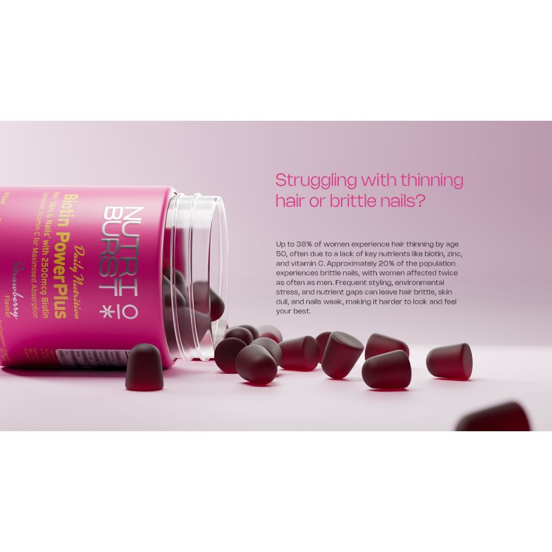 Nutriburst Daily Nutrition Biotin PowerPlus Gummies želé bonbóny pro krásné vlasy, pleť a nehty příchuť Strawberry 60 ks (obrázek 3)