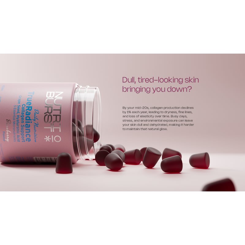 Nutriburst Daily Nutrition TrueRadiance Collagen Support Gummies želé bonbóny pro podporu tvorby kolagenu příchuť Blueberry 60 ks (obrázek 3)