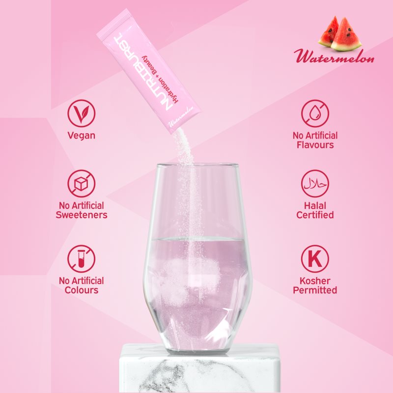 Nutriburst Hydratation + Beauty rehydratační elektrolytový nápoj pro krásné vlasy, pleť a nehty příchuť Watermelon 7x5 g (obrázek 3)