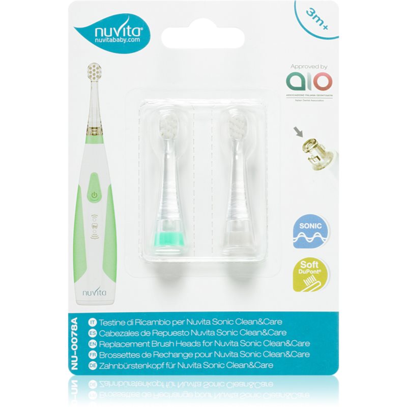 Nuvita Sonic Clean&Care Replacement Brush Heads Ersättningshuvuden för batteridriven sonisk tandborste spädbarn Small Green/White 2 st. unisex