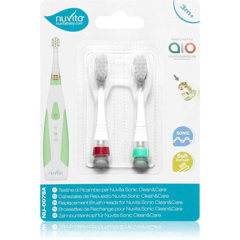 Nuvita Sonic Clean&Care Replacement Brush Heads Ersättningshuvuden för batteridriven sonisk tandborste spädbarn Medium Red/Green 2 st. unisex