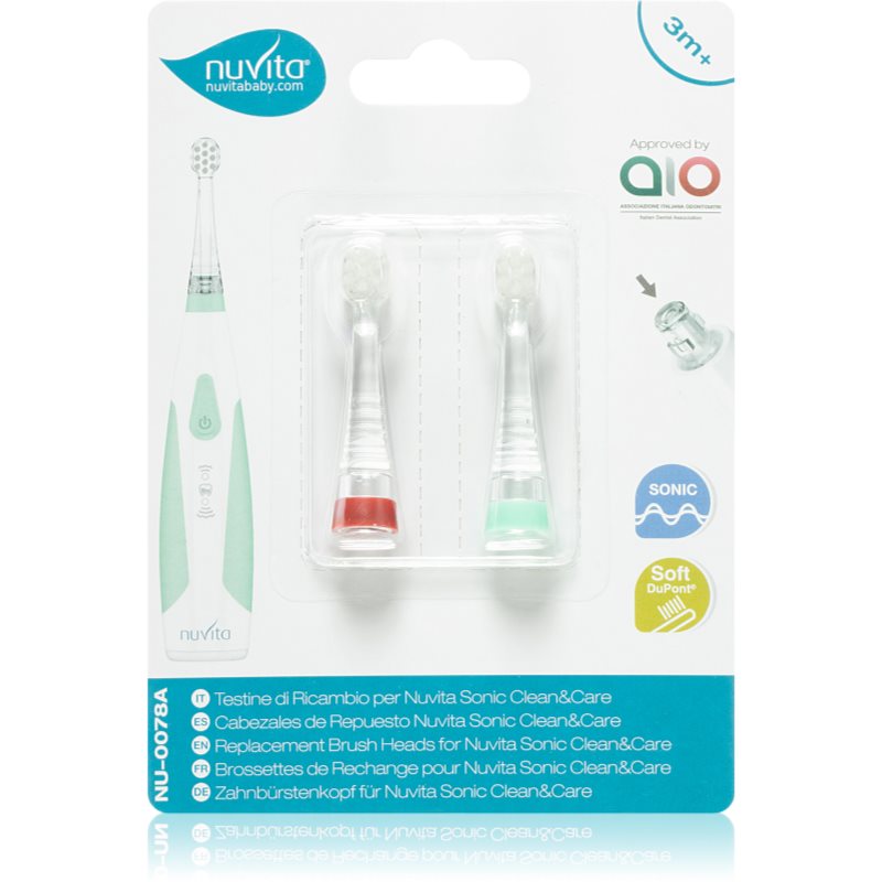 Nuvita Sonic Clean&Care Replacement Brush Heads запасні головки для електричної зубної щітки для малюків до року Sonic Clean&Care Small Red/Green 3 M+