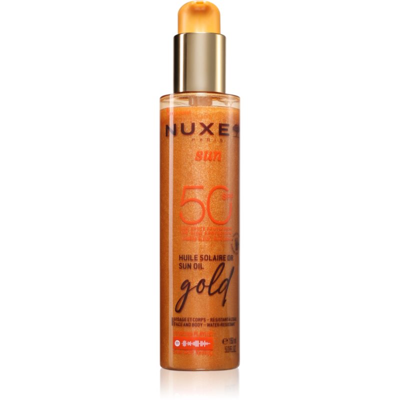 Nuxe Sun Sun Oil Gold SPF 50 opaľovací olej na tvár a telo s rozjasňujúcim efektom 150 ml