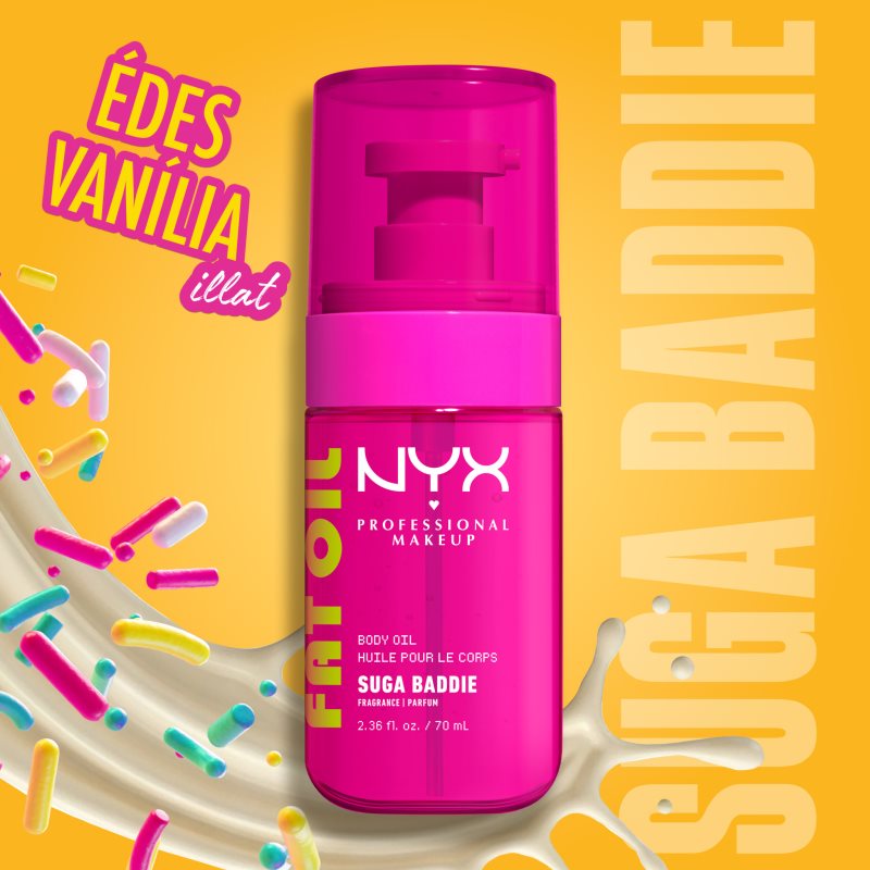 NYX Professional Makeup Fat Oil Body vyživujúci telový olej dodávajúci hydratáciu a lesk s vôňou Suga Baddie 70 ml