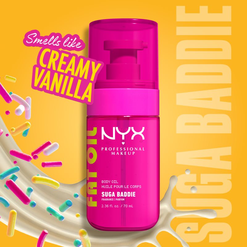 NYX Professional Makeup Fat Oil Body vyživujúci telový olej dodávajúci hydratáciu a lesk s vôňou Suga Baddie 70 ml
