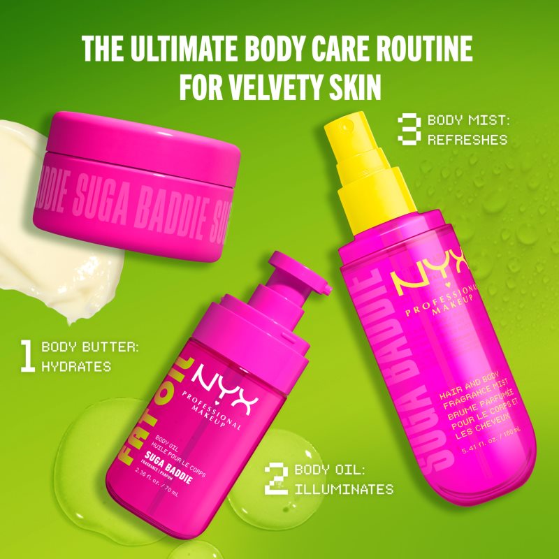 NYX Professional Makeup Fat Oil Body vyživujúci telový olej dodávajúci hydratáciu a lesk s vôňou Suga Baddie 70 ml