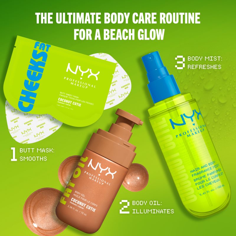 NYX Professional Makeup Fat Oil Body vyživujúci telový olej dodávajúci hydratáciu a lesk s vôňou Coconut Cutie 70 ml