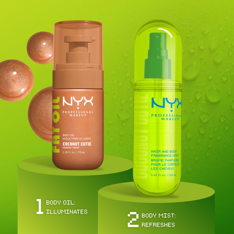 NYX Professional Makeup Fat Oil Body vyživujúci telový olej dodávajúci hydratáciu a lesk s vôňou Coconut Cutie 70 ml