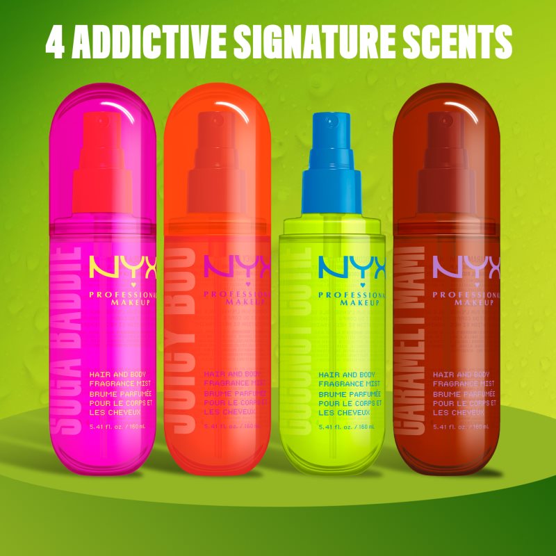 NYX Professional Makeup Fat Oil Body Spray parfumovaná hmla na vlasy a telo s vôňou Caramelt Mami 80 ml
