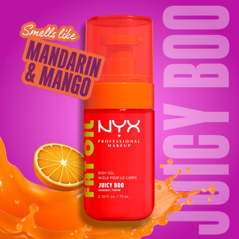 NYX Professional Makeup Fat Oil Body vyživujúci telový olej dodávajúci hydratáciu a lesk s vôňou Juicy Boo 70 ml