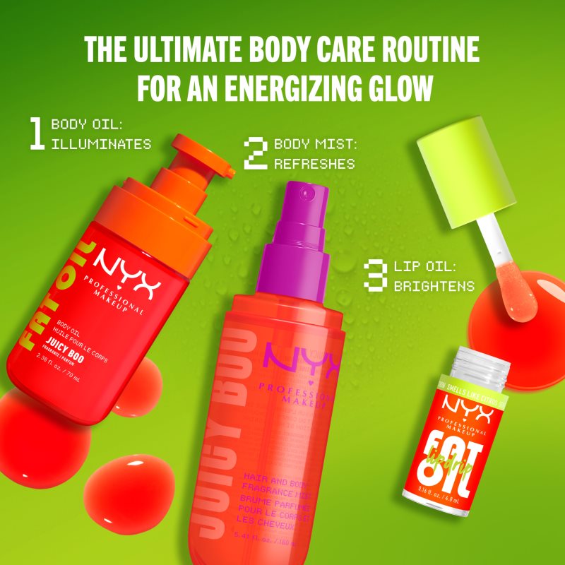 NYX Professional Makeup Fat Oil Body vyživujúci telový olej dodávajúci hydratáciu a lesk s vôňou Juicy Boo 70 ml