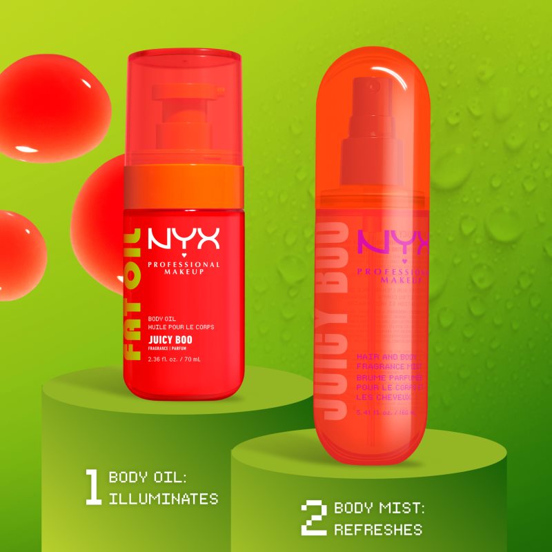 NYX Professional Makeup Fat Oil Body vyživujúci telový olej dodávajúci hydratáciu a lesk s vôňou Juicy Boo 70 ml