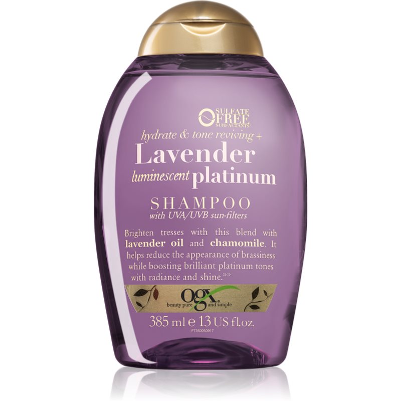 OGX Lavender Platinum toninis šampūnas šaltos šviesios spalvos plaukams 385 ml