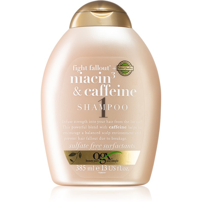OGX Fight Fallout Niacin3 & Caffeine stiprinamasis šampūnas nuo plaukų slinkimo 385 ml