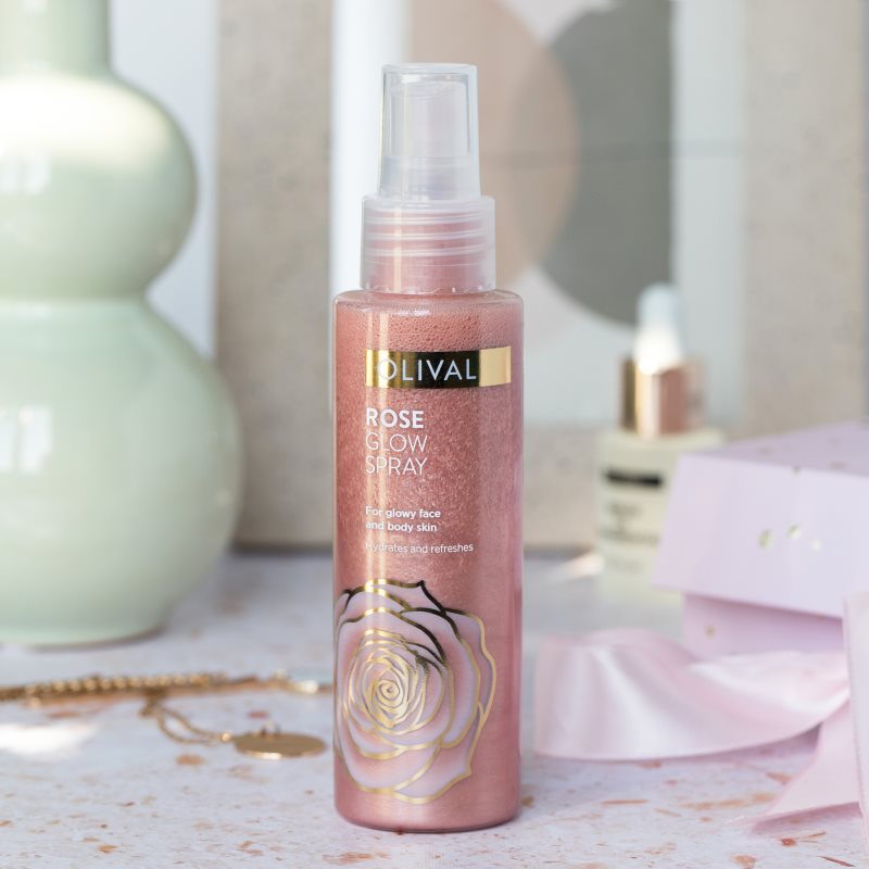 Olival Rose Glow Highlighter Spray für Gesicht und Körper mit Glitzerteilchen 100 ml