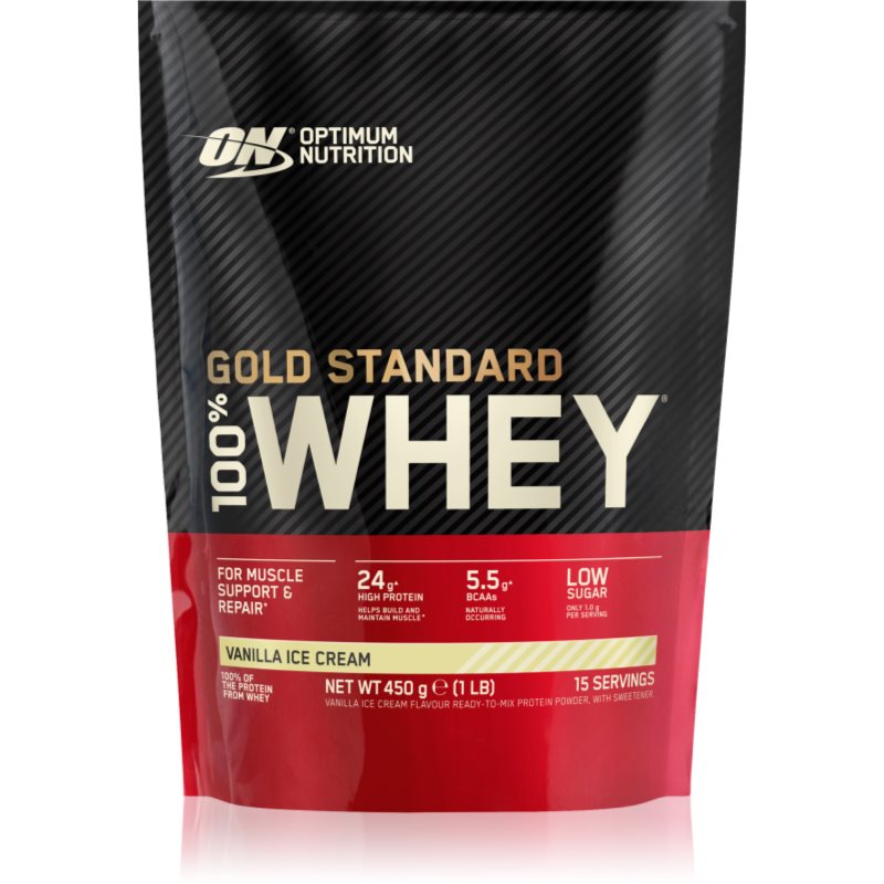Optimum Nutrition Gold Standard Whey Protein Molkenproteinhydrolysat mit niedrigem Zuckergehalt Geschmack Delicious Strawberry 450 g